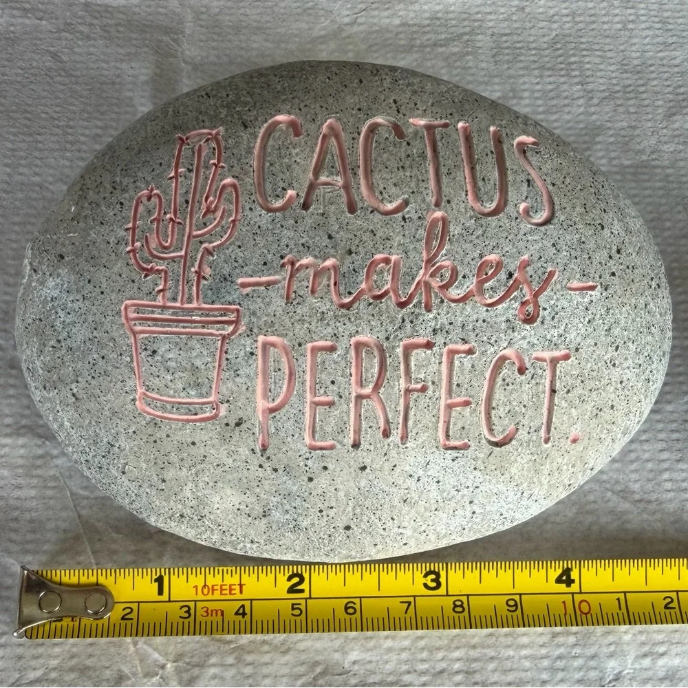 “Cactus Makes Perfect” Painted Garden Stone - Gray with Pink Lettering - Picture 1 of 1